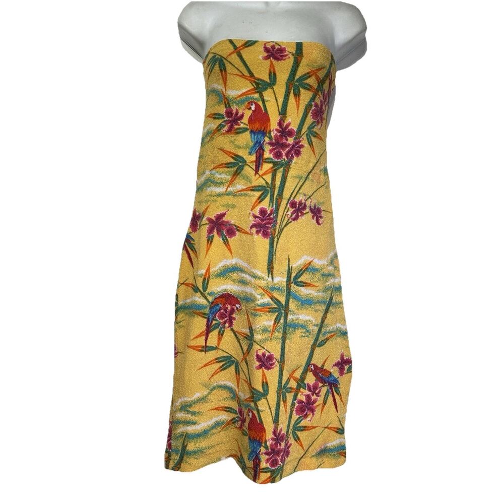 Yellow Strapless Tropical Print Midi Dress
